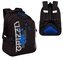 Рюкзак школьный Гризли RB-452-3 чёрный-синий,27*40*20см,анатом.спинка,светоотр.эл.