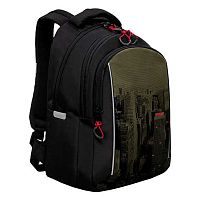 Рюкзак школьный Гризли RB-452-5 чёрный-хаки,27*40*20см,анатом.спинка,светоотр.эл.