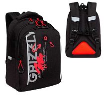 Рюкзак школьный Гризли RB-452-3 чёрный-красный,27*40*20см,анатом.спинка,светоотр.эл.