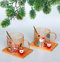 Кружка стеклянная 250мл "Тепло праздника" 891-0630 на бамбуковой подставке,с ложкой