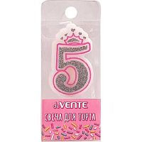 Свеча-цифра д/торта "5" deVENTE "Розовая принцесса" 9060905 5,8*3,8*0,8см,сереб.рис.,пластик.короб.