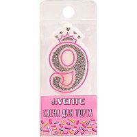 Свеча-цифра д/торта "9" deVENTE "Розовая принцесса" 9060909 5,8*3,8*0,8см,сереб.рис.,пластик.короб.