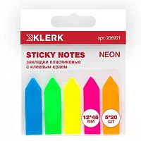 Набор самокл. этикеток-закладок КЛЕРК "Стрела" 12*45мм 206921 пластик.,5цв.*20л.,неон