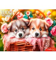 Пазлы 1000 Рыжий кот "Два щенка в корзине" ХП1000-8277