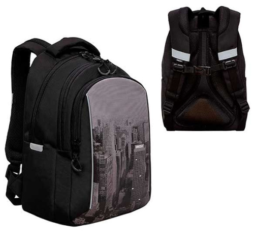 Рюкзак школьный Гризли RB-452-5 чёрный-серый,27*40*20см,анатом.спинка,светоотр.эл.