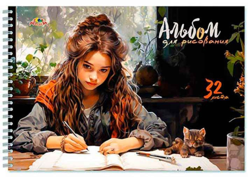 Альбом для рис.32л. АППЛИКА спираль "Девочка с котёнком" С0680-68 цв.мел.обл.
