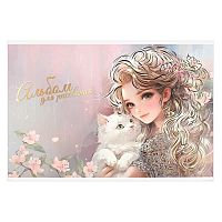 Альбом для рис.24л. ФЕНИКС "Блондинка с котёнком" 69880 на скобе,тисн.фольг.