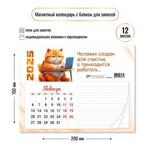 Календарь настенный 2025г. КВ "Кот" 8587 150*200мм с магнит.креп.,блок д/запис.