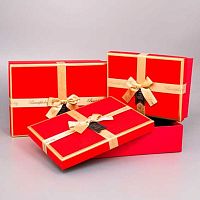 Коробка Микрос 3в1 прямоуг. Красная с бантом,золотом ч52043 (29*21*9,5/26*19*8/23*17*6,5см)