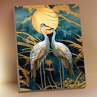 Картина по номерам с поталью Котеин "Японские журавли в полнолуние" 40*50см HR0733 (17цв.)