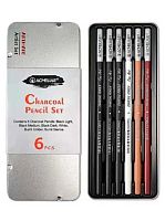 Карандаш угольный ACMELIAE  6шт. C0006 (чёрн.,бел.,жжёная умбра,жжёная сиена) метал.футл.