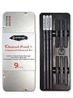 Набор карандашей угольных 3шт. и углей прессованных 6шт. ACMELIAE C0009 метал.футл.