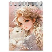 Блокнот А7  40л. ФЕНИКС спираль "Блондинка с котом" 70961 клетка,выб.уф-лак,глиттер