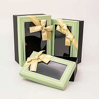 Коробка Микрос 3в1 прямоуг. Зелёная с бантом,окном ч52054 (23*16*9,5/21*14*8/19*12*6,5см)