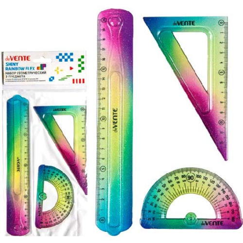 Набор геом. deVENTE (3предм.) "Shiny Rainbow Flex" 5092305 (линейка 20см,трансп.,угол.30/60/90град.)