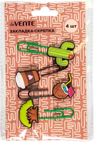 Закладка-скрепка deVENTE "Enjoy traveling" 8065222 (4шт) металл.овал.цв.с декор.,60*30мм,блист.