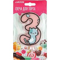 Свеча-цифра д/торта "3" deVENTE "Котик" 9060124 розов.,9,1*6,6*1см,с рис.,карт.блист.