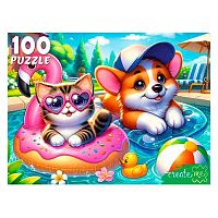 Пазлы  100 Рыжий кот "Котёнок и щенок в бассейне" УК100-0235
