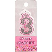 Свеча-цифра д/торта "3" deVENTE "Розовая принцесса" 9060903 5,8*3,8*0,8см,сереб.рис.,пластик.короб.