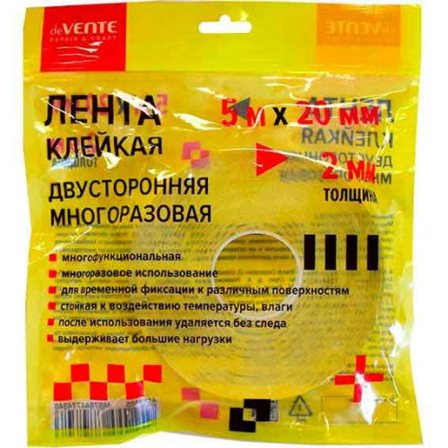 Скотч двусторонний 20мм*5м deVENTE 4163505 многораз.,прозрачный,2мм,зип-пак.