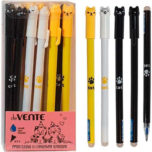 Ручка гелевая "Пиши-Стирай" deVENTE "Glad cat" 5051023 синяя,0,5мм,с ластиком,корп.асс.