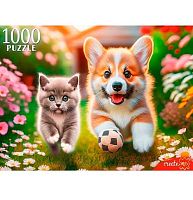Пазлы 1000 Рыжий кот "Корги и британский котёнок" ХП1000-8279