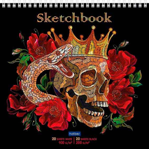 Скетчбук 240*240мм  40л. ХАТ Premium спираль "Skull Roses" 31766 (20л.бел.100г,20л.чёрн.200г)б/лин.,