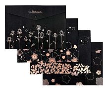 Папка-конверт на кнопке А4 INTELLIGENT "Цветы на чёрном" DM-142 блёстки,пластик,асс.