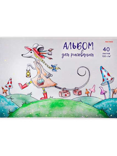 Альбом для рис.40л. Проф-Пресс "Мышка на прогулке" 40-0002 скрепка,мелов.обл.,бл-офс.