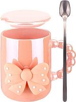Кружка 380мл Миленд "Бант розовый" с крышкой и ложкой КС-7383