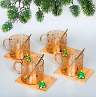 Кружка стеклянная 250мл "Зимняя сказка. Золотая дымка" 891-0628 на бамбуковой подставке,с ложкой