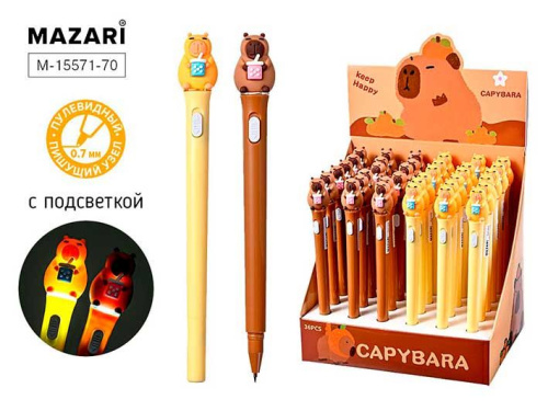 Ручка детск. шар. MAZARI "Капибара" M-15571-70 синяя,0,7мм,с подсветкой,асс.