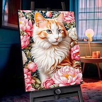 Картина по номерам с кристаллами из хрусталя Котеин "Кошка в пионах" 40*50см SHR0582 (28цв.)