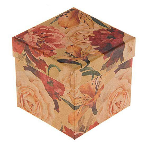 Коробка подар. 3в1 куб. Цветы-пион крафт (9,5*9,5*9,5см) 20А7-МФ_2-006