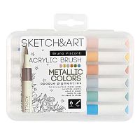 Маркеры акрил.  6цв. BV Sketch&Art "Металлик" 22-0166 трёхгр.,кисть,1-3мм,в пластик.боксе