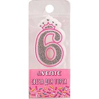 Свеча-цифра д/торта "6" deVENTE "Розовая принцесса" 9060906 5,8*3,8*0,8см,сереб.рис.,пластик.короб.