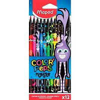 Карандаши пластик. 12цв. MAPED "Color'Peps Black Monster" 862612 декорир.,к/к,е/подвес