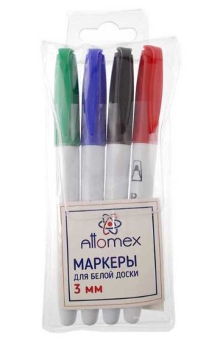 Набор маркеров д/доски 4цв. ATTOMEX 5040705 3мм (зеленый,синий,красный, черный) блистер
