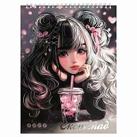 Альбом д/рис.30л. 185*250мм ФЕНИКС спираль "Девочка с бабл-ти" 70036 рис.бум.,160г/м2 (скетчпад)