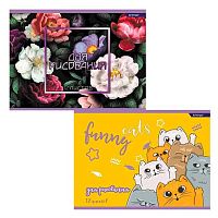 Тетрадь для рис.12л. ALINGAR "Funny cats and flowers. Микс" AL10757 на скобе,мел.карт.