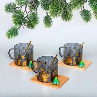 Кружка стеклянная 250мл "Зимняя сказка. Серая дымка" 891-0627 на бамбуковой подставке,с ложкой